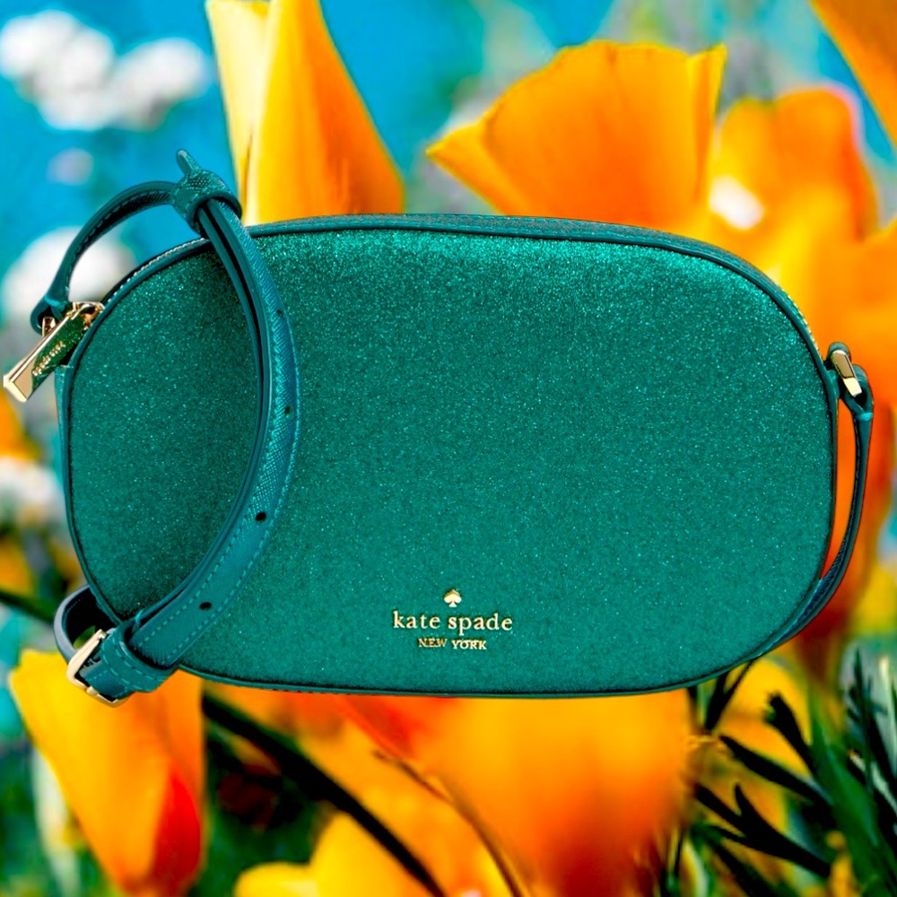 Kate Spade crossbody bag metallic green glitter purse zipper closure oval $299